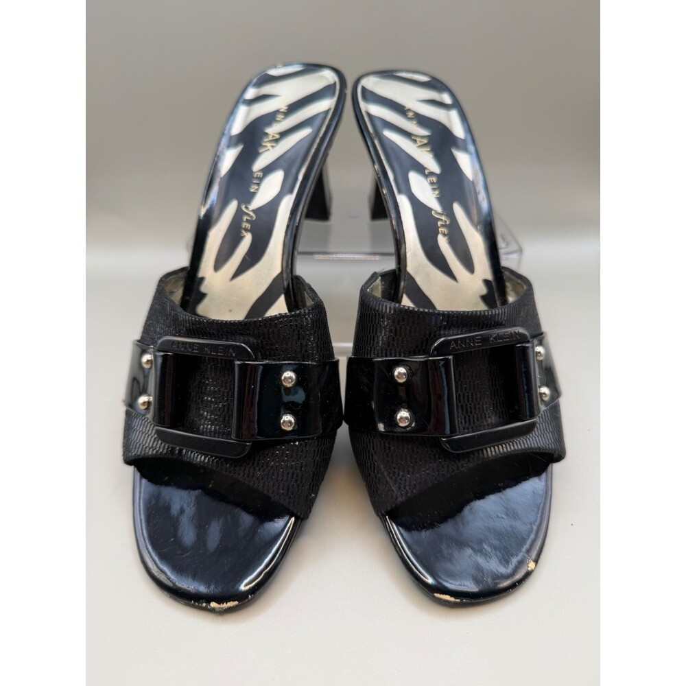 Anne Klein iFlex Black Buckle Patent Leather Sandals Open Toe Mules 8.5M